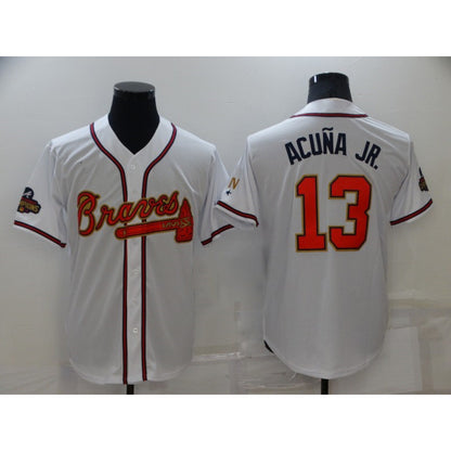 Atlanta Braves #13 Ronald Acuna Jr 2022 White Gold MIKSHPS World Series Champions Program Cool Base Stitched Jersey