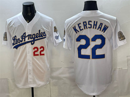 Los Angeles Dodgers #22 Clayton Kershaw White MIKSHPS 2026 Gold Collection 9x & B2B Champs Patch Stitched Jersey