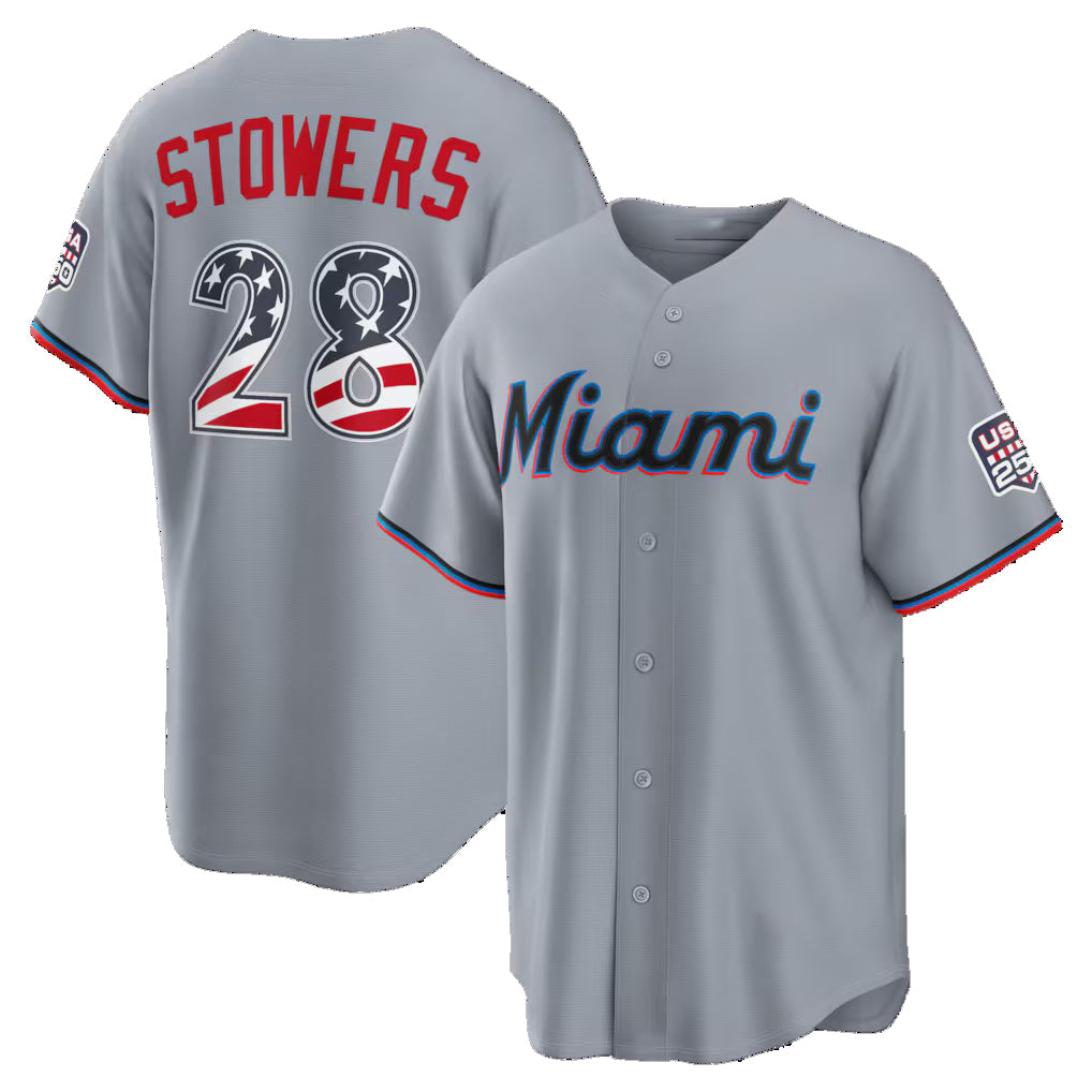 Miami Marlins #28 Kyle Stowers USA 250 Fourth of July Road Stadium Jersey - Gray MIKSHPS