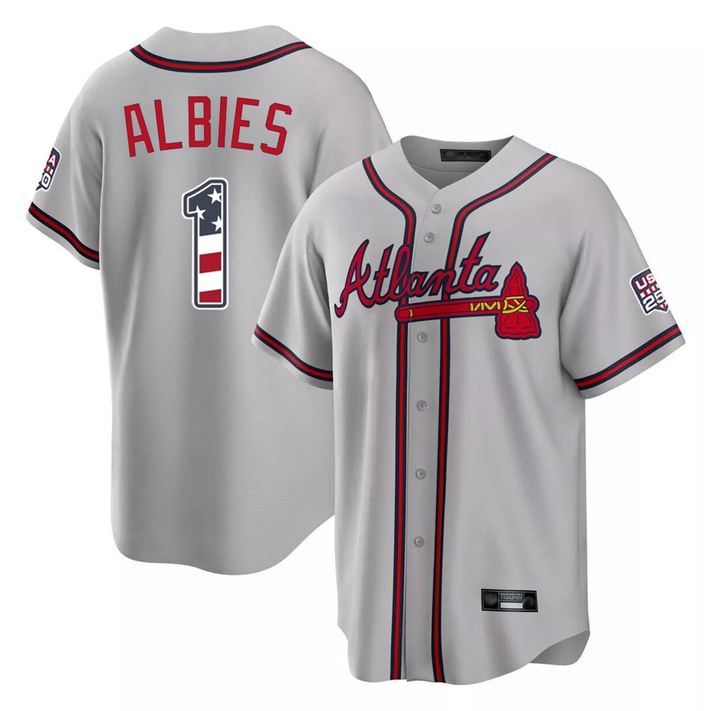 Atlanta Braves #1 Ozzie Albies Player Gray MIKSHPS USA 250 Fourth Of July Limited Home Game Stitched Jerseys
