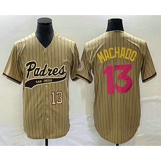 San Diego Padres #13 Manny Machado Number Tan MIKSHPS Pinstripe 2023 City Connect Cool Base Stitched Jersey