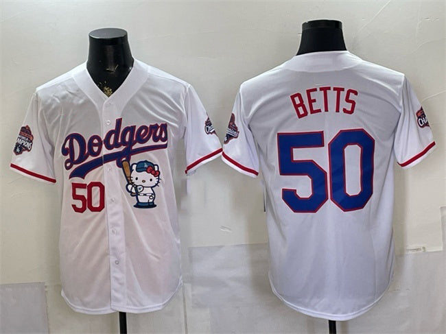 Los Angeles Dodgers #50 Mookie Betts White MIKSHPS Hello Kitty Night 2025 World Series Champions Patch Stitched Jersey