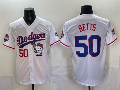 Los Angeles Dodgers #50 Mookie Betts White MIKSHPS Hello Kitty Night 2025 World Series Champions Patch Stitched Jersey