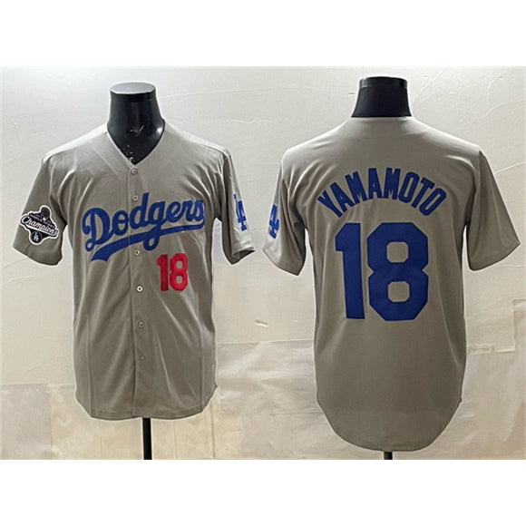 Los Angeles Dodgers #18 Yoshinobu Yamamoto Gray MIKSHPS 2025 World Series Champions Patch Stitched Jersey