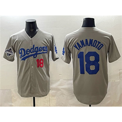 Los Angeles Dodgers #18 Yoshinobu Yamamoto Gray MIKSHPS 2025 World Series Champions Patch Stitched Jersey