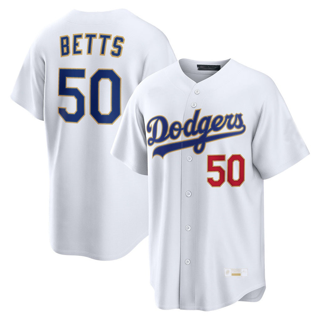 Los Angeles Dodgers #50 Mookie Betts Player Gold White MIKSHPS Collection Limited Home Stitched Jerseys