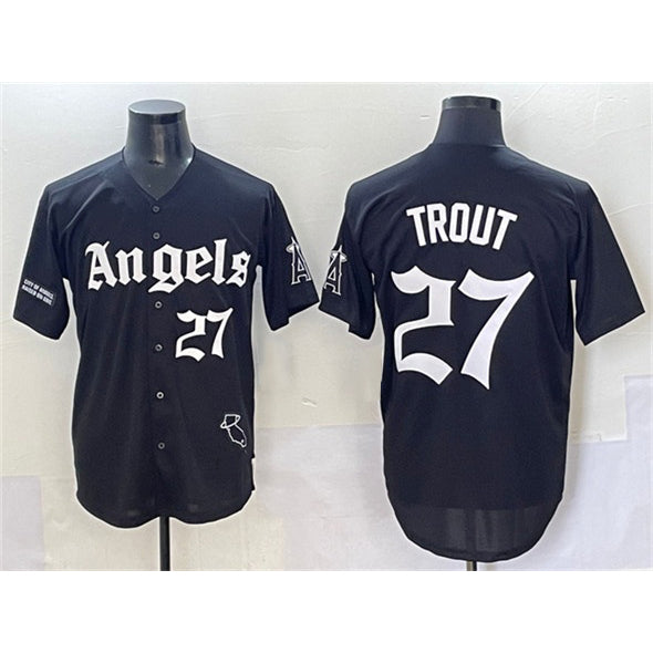 Los Angeles Angels #27 Mike Trout Black MIKSHPS 'Gothic Halo Edition' Vapor Limited Stitched Jersey