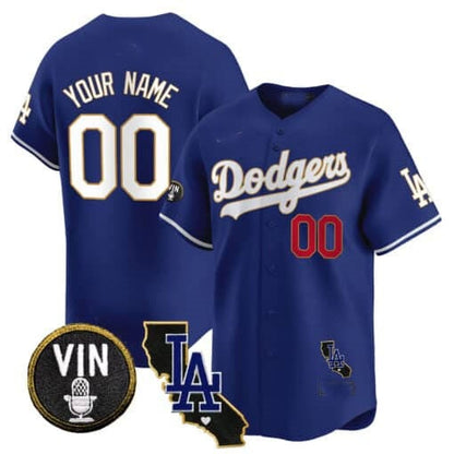 Custom Los Angeles Dodgers Vin & California Patch Gold Trim Vapor Premier Limited Jersey ¨C Royal MIKSHPS