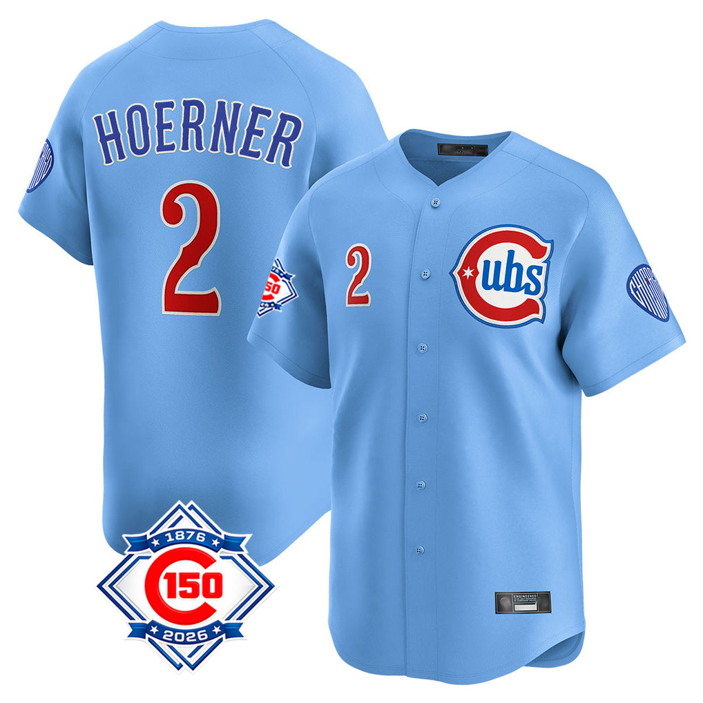 Chicago Cubs #2 Nico Hoerner Player Light Blue MIKSHPS 150th Anniversary Limited Home Stitched Jerseys