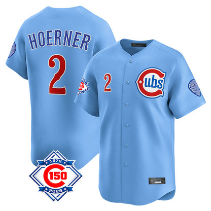 Chicago Cubs #2 Nico Hoerner Player Light Blue MIKSHPS 150th Anniversary Limited Home Stitched Jerseys