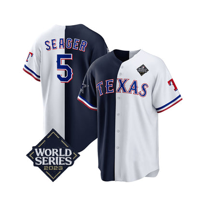 Texas Rangers & Cowboys #5 Corey Seager Navy White MIKSHPS 2023 World Series Splite Stitched Jersey