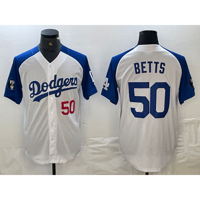 Los Angeles Dodgers #50 Mookie Betts Number White Blue MIKSHPS Fashion Stitched Cool Base Limited Jerseys