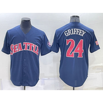 Seattle Mariners #24 Ken Griffey Navy Blue MIKSHPS Fashion Stars Stripes Cool Base Independence Day Jersey