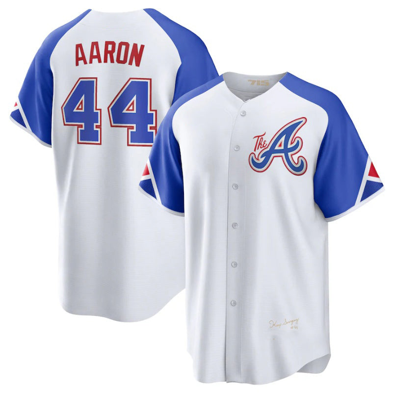 Atlanta Braves #44 Hank Aaron White MIKSHPS 2023 City Connect Cool Base Stitched Jersey