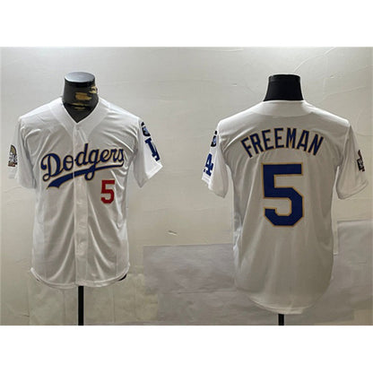 Los Angeles Dodgers #5 Freddie Freeman White Gold MIKSHPS 2024 World Series With Fernando Memorial Patch Home Limited Stitched Jersey