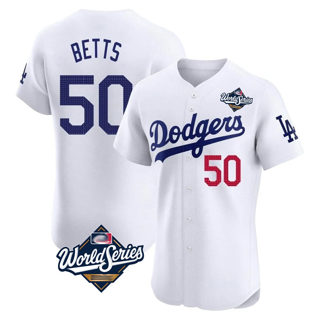 Los Angeles Dodgers #50 Mookie Betts Player White MIKSHPS World Series Limited Elite Home Stitched Jerseys
