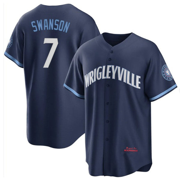 Chicago Cubs #7 Dansby Swanson Navy MIKSHPS City Connect Cool Base Stitched Jersey