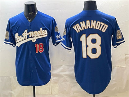 Los Angeles Dodgers #18 Yoshinobu Yamamoto Royal MIKSHPS 2026 Gold Collection 9x & B2B Champs Patch Stitched Jersey