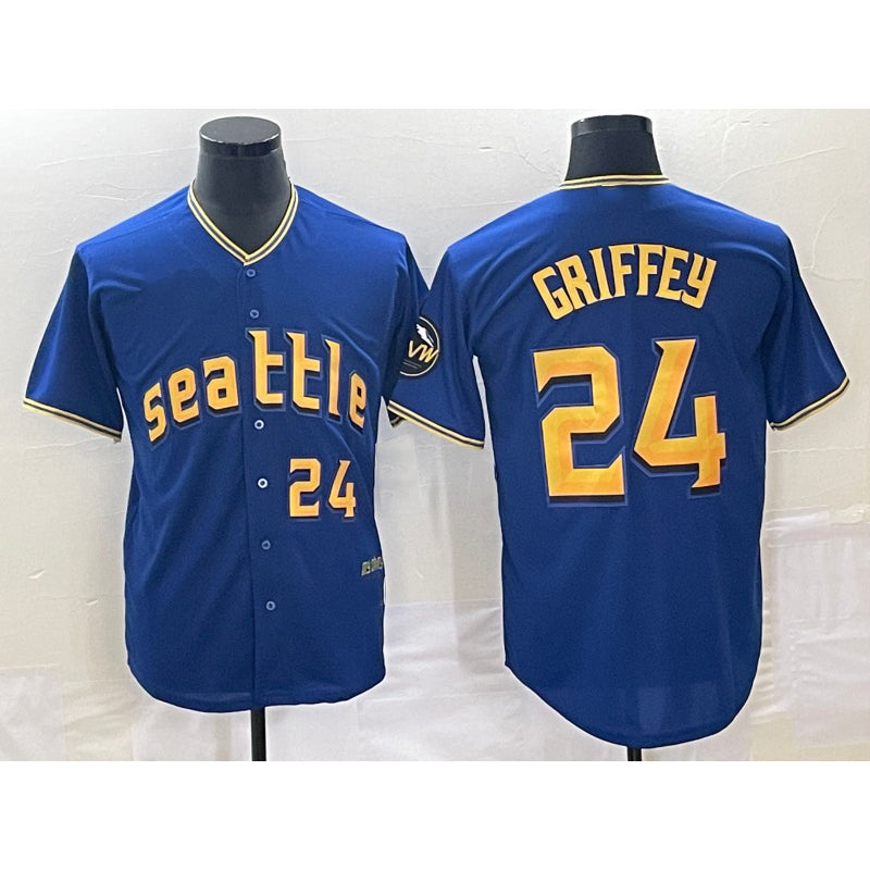 Seattle Mariners #24 Ken Griffey Number Blue MIKSHPS 2023 City Connect Cool Base Stitched Jersey 2
