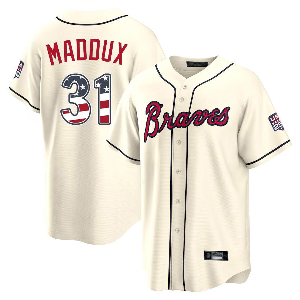 Atlanta Braves #31 Greg Maddux Player Cream MIKSHPS USA 250 Fourth Of July Limited Home Game Stitched Jerseys