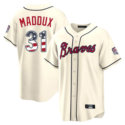Atlanta Braves #31 Greg Maddux Player Cream MIKSHPS USA 250 Fourth Of July Limited Home Game Stitched Jerseys