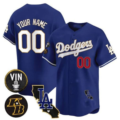 Custom Los Angeles Dodgers Vin Patch & Kobe Bryant Gold Trim Vapor Premier Limited Jersey V2 ¨C Royal MIKSHPS