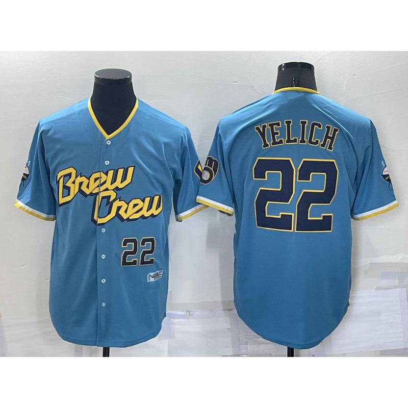 Milwaukee Brewers #22 Christian Yelich Number Blue MIKSHPS 2022 City Connect Cool Base Stitched Jersey
