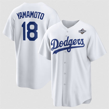 Los Angeles Dodgers #18 Yoshinobu Yamamoto White MIKSHPS 2025 World Series Home Cool Base Stitched Jersey