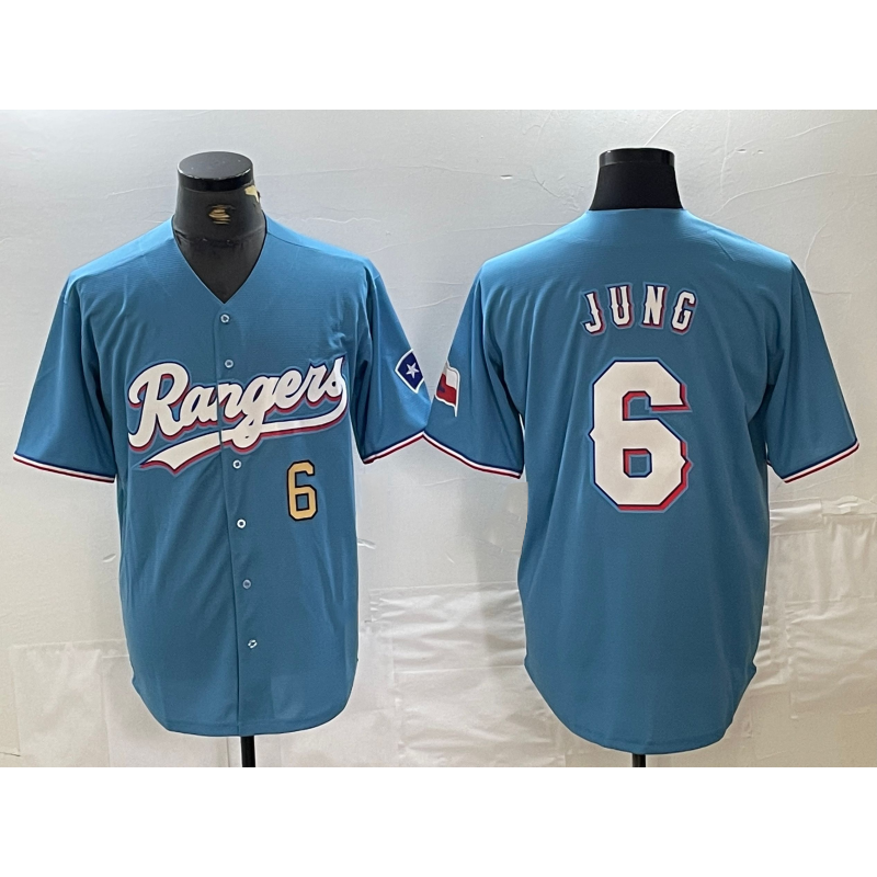 Texas Rangers #6 Josh Jung Number Light Blue MIKSHPS Team Logo Cool Base Jersey