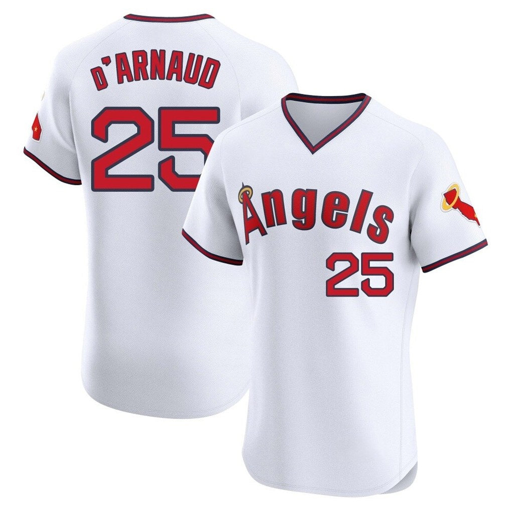 Los Angeles Angels #25 Travis d'Arnaud Player White MIKSHPS T-shirt Home Limited Elite Stitched Jerseys
