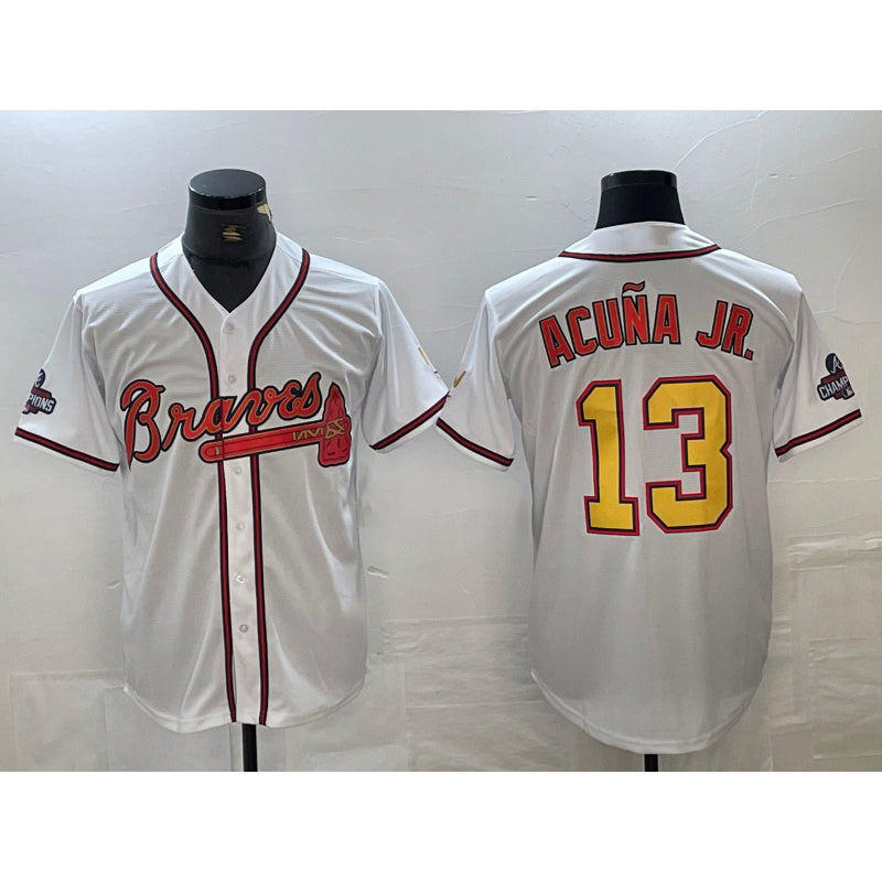 Atlanta Braves #13 Ronald Acuna Jr White Gold MIKSHPS 2021 World Series Champions Stitched Cool Base Jersey