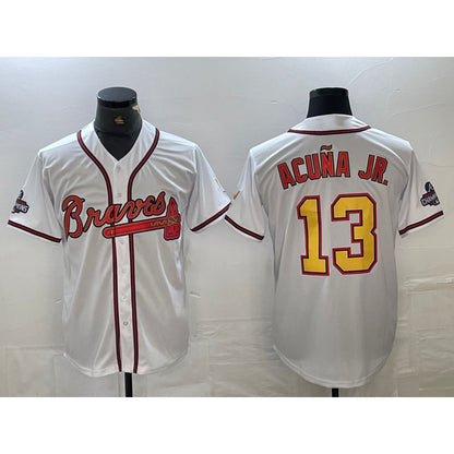 Atlanta Braves #13 Ronald Acuna Jr White Gold MIKSHPS 2021 World Series Champions Stitched Cool Base Jersey