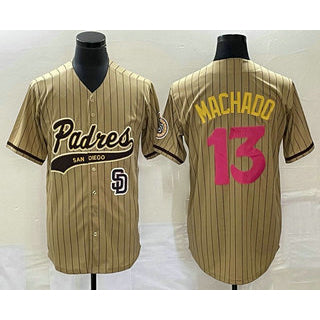 San Diego Padres #13 Manny Machado Tan MIKSHPS Pinstripe 2023 City Connect Cool Base Stitched Jersey