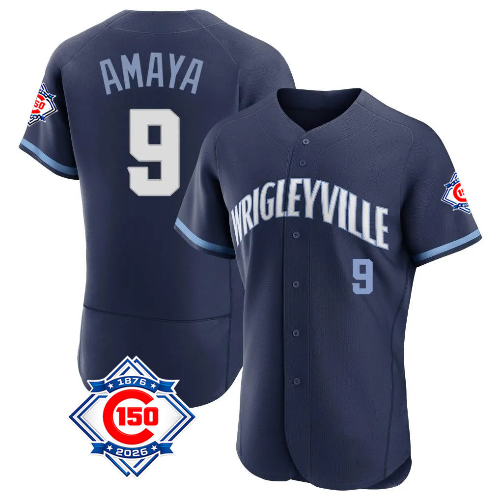 Chicago Cubs #9 Miguel Amaya Player Navy MIKSHPS City Connect 150th Anniversary Limited Elite Home Stitched Jerseys