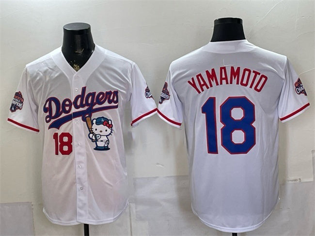 Los Angeles Dodgers #18 Yoshinobu Yamamoto White MIKSHPS Hello Kitty Night 2025 World Series Champions Patch Stitched Jersey