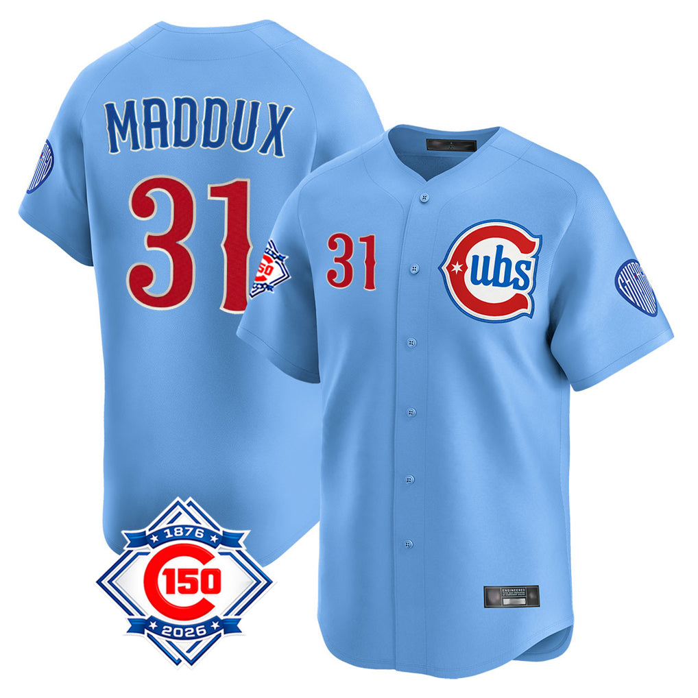Chicago Cubs #31 Greg Maddux Player Light Blue MIKSHPS 150th Anniversary Limited Home Stitched Jerseys