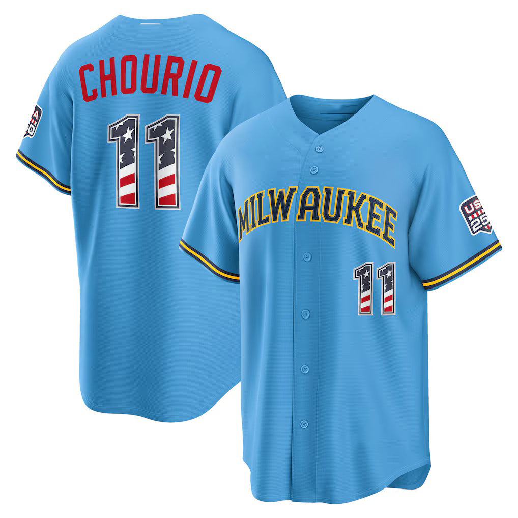 Milwaukee Brewers #11 Jackson Chourio USA 250 Fourth of July Road Stadium Jersey - Light Blue MIKSHPS