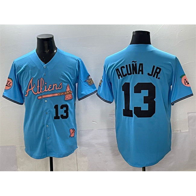 Atlanta Braves #13 Ronald Acuna Jr. Blue MIKSHPS 2024 Atliens & Peach With Outkast Patch Vapor Limited Stitched Jersey