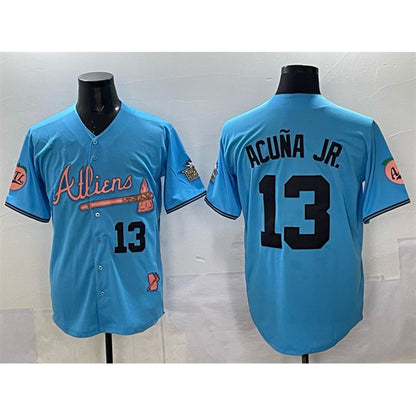 Atlanta Braves #13 Ronald Acuna Jr. Blue MIKSHPS 2024 Atliens & Peach With Outkast Patch Vapor Limited Stitched Jersey