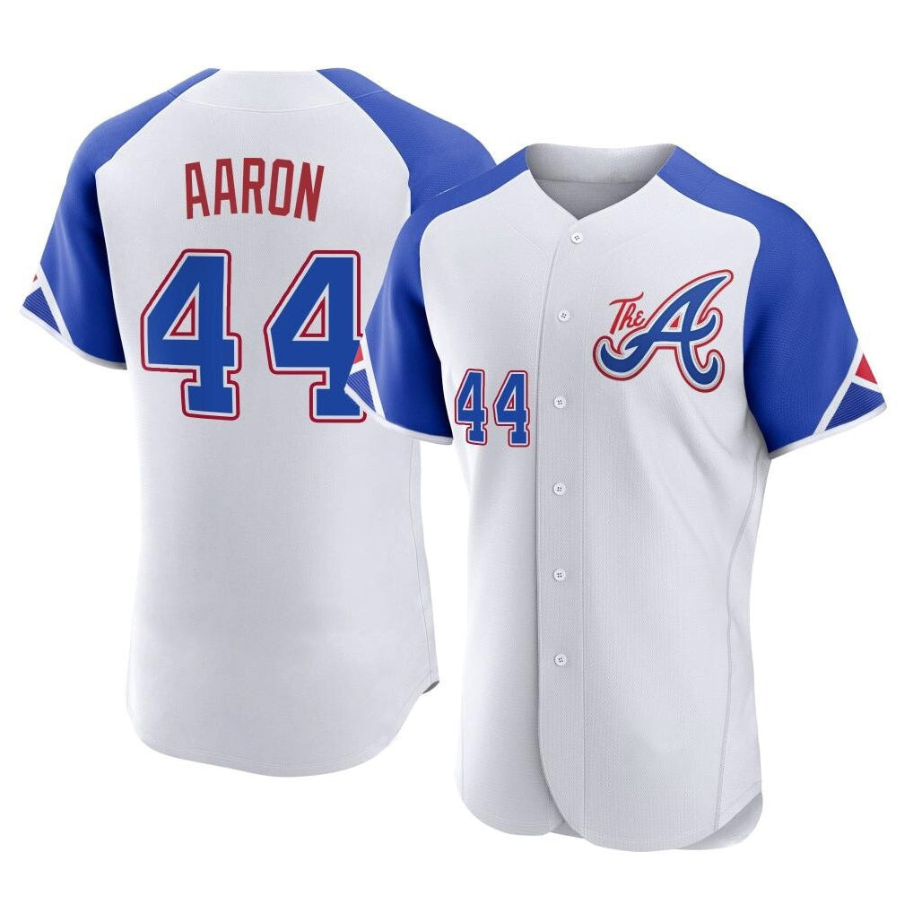 Atlanta Braves #44 Hank Aaron Player White MIKSHPS City Connect Limited Elite Home Game Stitched Jerseys