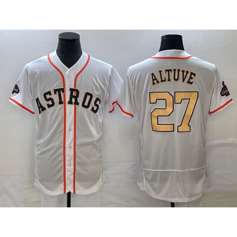 Houston Astros #27 Jose Altuve 2023 White Gold MIKSHPS World Serise Champions Patch Flex Base Stitched Jersey