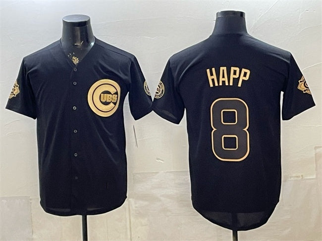 Chicago Cubs #8 lan Happ Black Gold MIKSHPS 150th Anniversary Patch Stitched Jersey