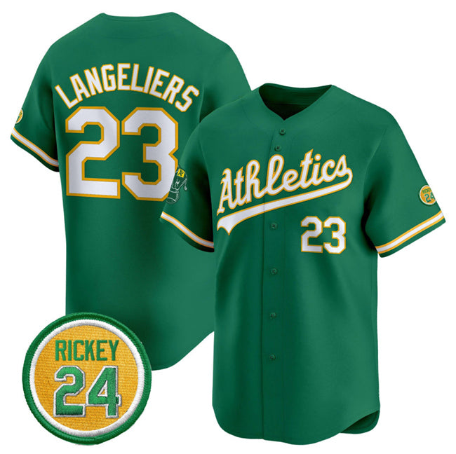 Oakland Athletics #23 Shea Langeliers Green MIKSHPS 2024 Limited With Rickey Henderson Patch Stitched Jersey