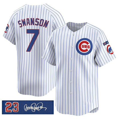 Chicago Cubs #7 Dansby Swanson White MIKSHPS Pinstripe 'Ryne Sandberg Tribute' Vapor Limited V3 Stitched Jersey