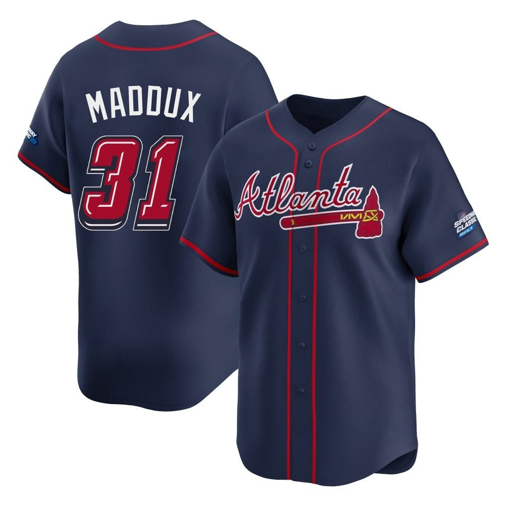 Atlanta Braves #31 Greg Maddux Player Navy MIKSHPS 2025 Speedway Classic Home Game Stitched Jerseys