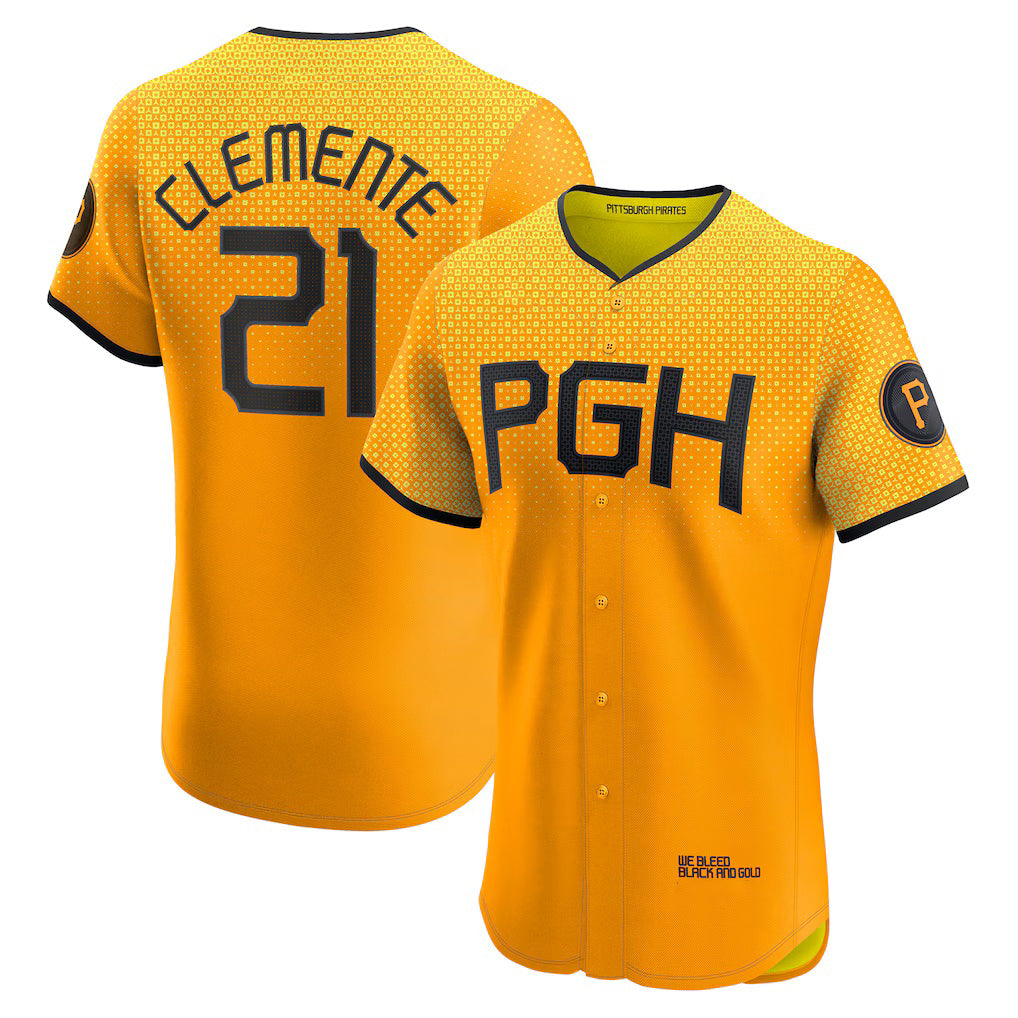 Pittsburgh Pirates #21 Roberto Clemente Gold MIKSHPS City Connect Elite Player Jersey