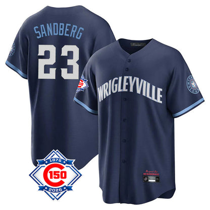 Chicago Cubs #23 Ryne Sandberg Player Navy MIKSHPS 150th Anniversary City Connect Home Game Stitched Jerseys