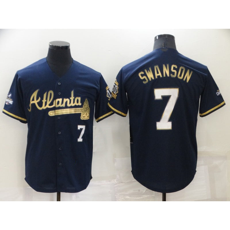 Atlanta Braves #7 Dansby Swanson Navy Blue MIKSHPS 2021 World Series Champions Golden Edition Stitched Cool Base Jersey