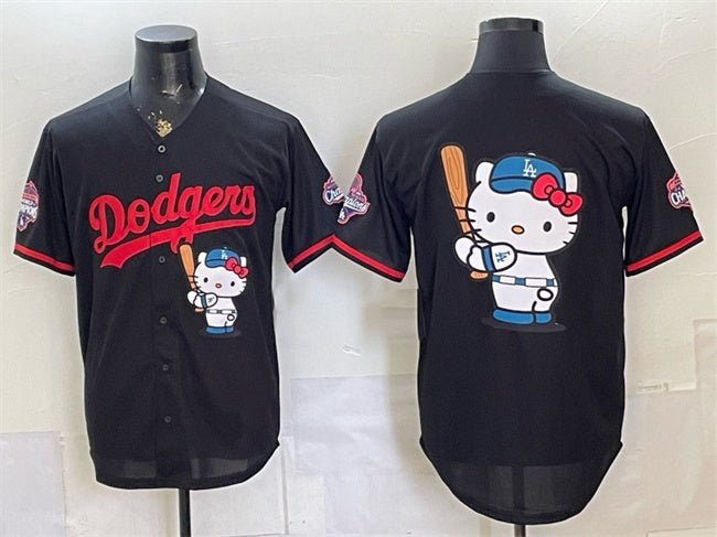 Los Angeles Dodgers Team Big Logo Black MIKSHPS Hello Kitty Night 2025 World Series Champions Patch Stitched Jersey