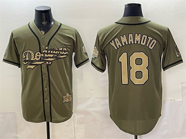 Los Angeles Dodgers #18 Yoshinobu Yamamoto Olive MIKSHPS 2026 Armed Forces Day Stitched Jersey